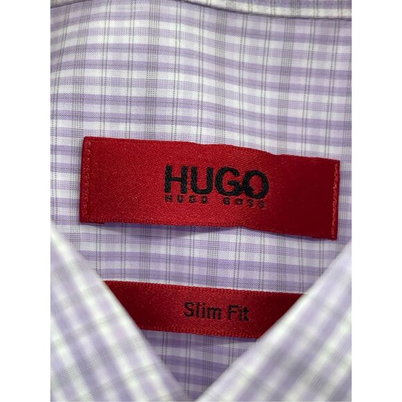 Hugo Boss‎ Button Down Dress Shirt Slim Fit Men 44 Large Purple Plaid Check - Picture 4 of 12